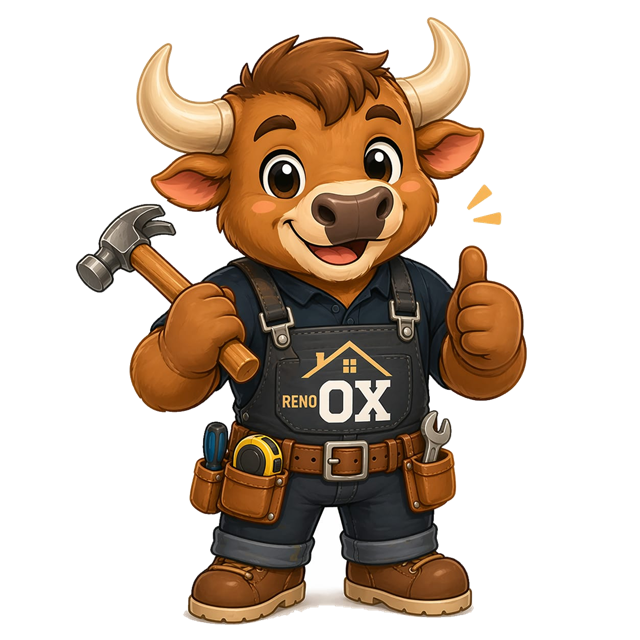 Oxie, the Renoox mascot — a friendly ox builder giving a thumbs up